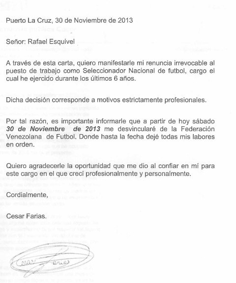 Carta de renuncia de César Farías.
